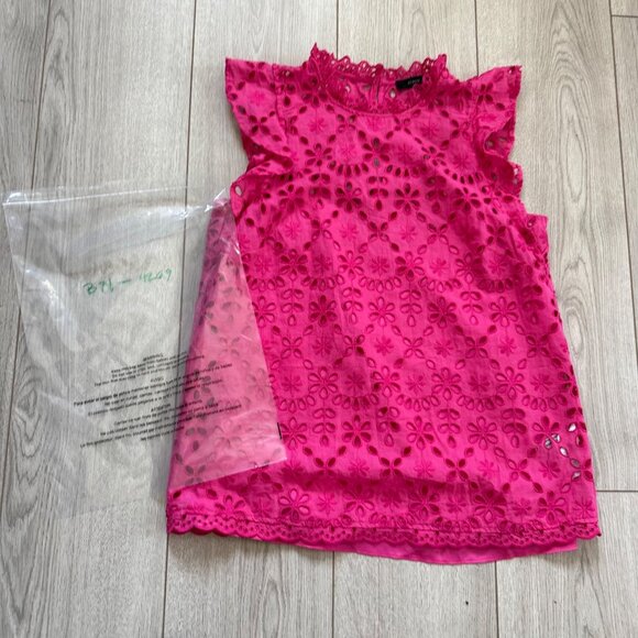 J.CREW Women's Tank Top Sz S Hot Pink Eyelet Lace Mock Neck Ruffle Pullover - Picture 9 of 10